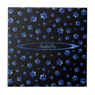 Blue glitter dog paw pattern Monogram  Tile