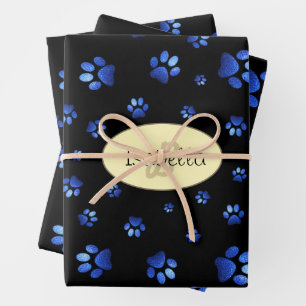 Blue glitter dog paw pattern, Monogram Wrapping Paper Sheet