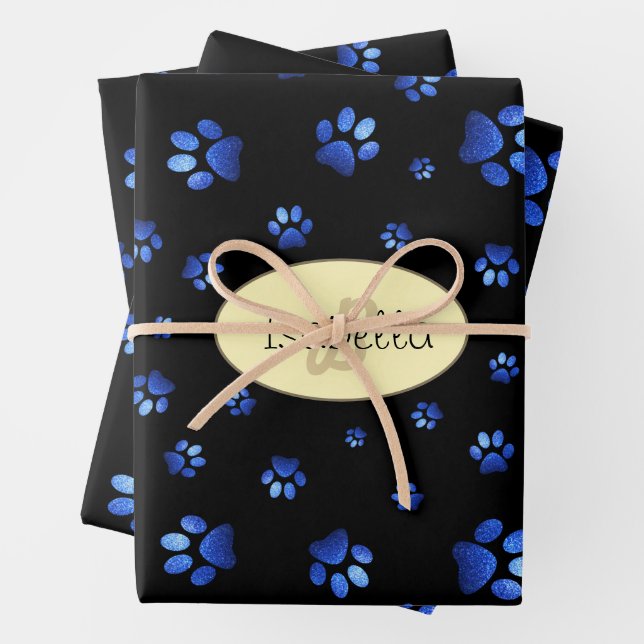 Blue glitter dog paw pattern, Monogram Wrapping Paper Sheet (In situ)