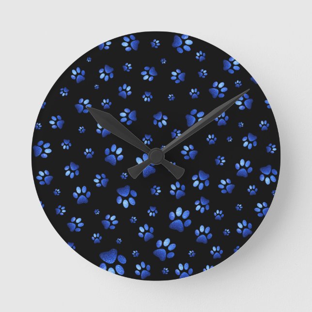Blue glitter dog paw pattern round clock (Front)