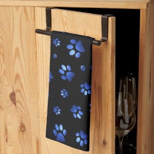 Blue glitter dog paw pattern tea towel