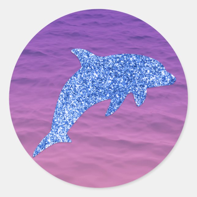 Blue Glitter Dolphin In Pink And Purple Sea Classic Round Sticker (Front)