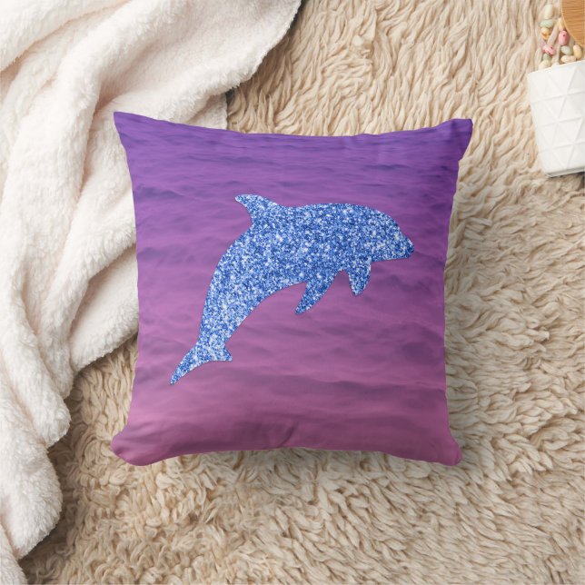 Blue Glitter Dolphin In Pink And Purple Sea Cushion (Blanket)