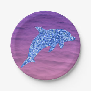 Blue Glitter Dolphin In Pink And Purple Sea Paper Plate