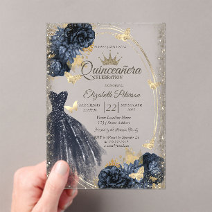 Blue Glitter Dress,Roses,Butterflies Acrylic Invitations