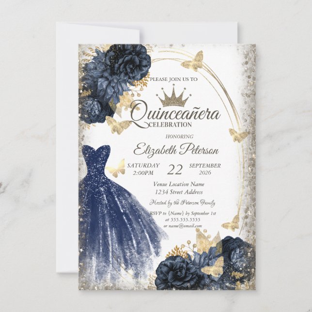 Blue Glitter Dress,Roses,Butterflies Quinceañera Invitation (Front)