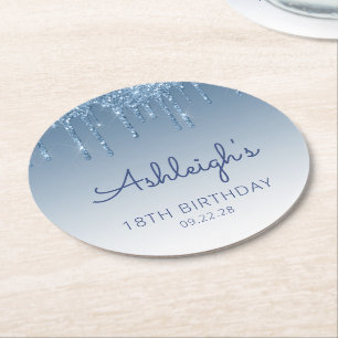 Blue Glitter Drip 18th Birthday Party  Round Paper Coaster