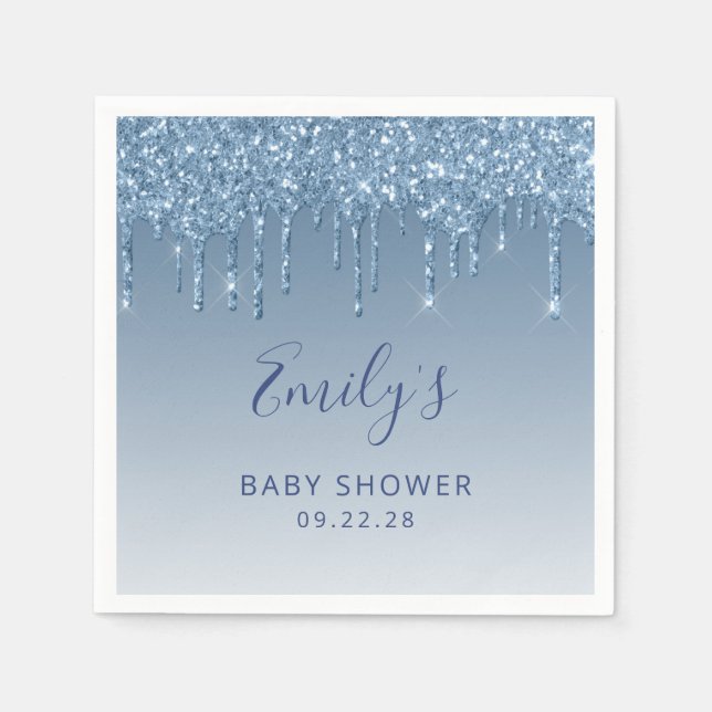 Blue Glitter Drip Baby Shower Napkin (Front)