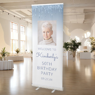Blue Glitter Drip Custom Photo 50th Birthday Party Retractable Banner