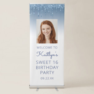 Blue Glitter Drip Custom Photo Sweet 16 Party Retractable Banner