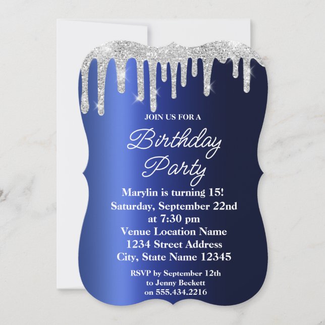 BLUE GLITTER DRIP ELEGANT BIRTHDAY INVITATION (Front)
