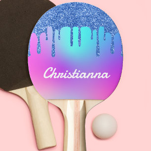 Blue Glitter Drip Fluorescent Neon Pink & Purple Ping Pong Paddle