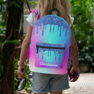 Blue Glitter Drip Fluorescent Neon Pink & Purple Printed Backpack