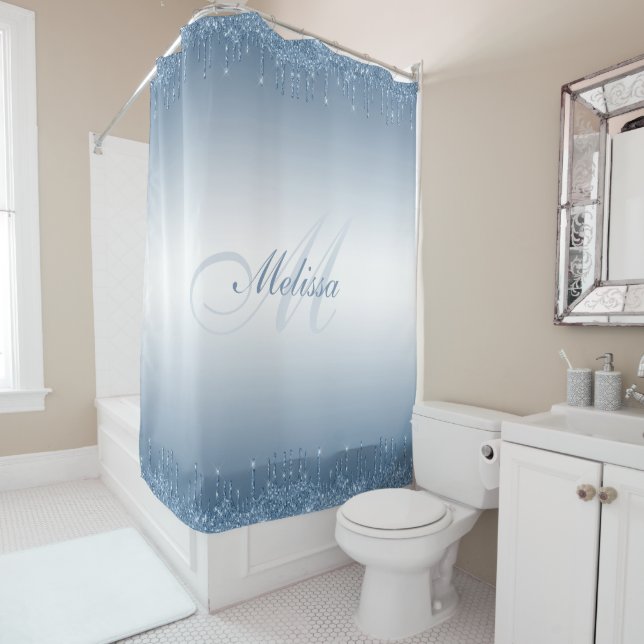 blue glitter drip trendy monogram shower curtain (In Situ)