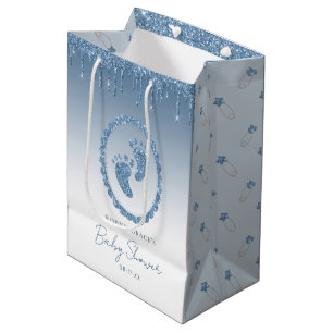 Blue Glitter Drips Baby Shower Feet  Medium Gift Bag