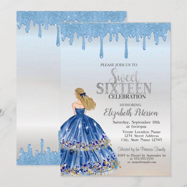 Blue Glitter Drips,Blue Dress Girl Sweet 16  Invitation (Front/Back)