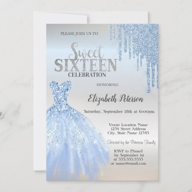 Blue Glitter Drips,Blue Dress Silver Sweet 16  Invitation (Front)