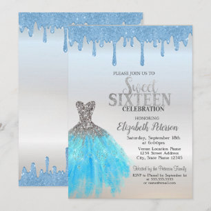 Blue Glitter Drips,Blue Dress Silver Sweet 16 Invitation