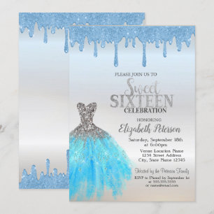Blue Glitter Drips,Blue Dress Silver Sweet 16  Invitation