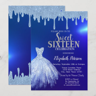 Blue Glitter Drips,Dress Blue Sweet 16 Invitation
