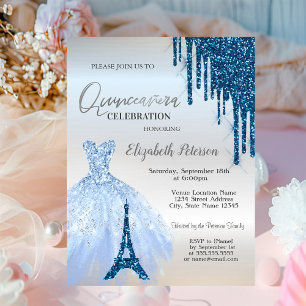 Blue Glitter Drips,Dress,Eiffel Tower Quinceañera  Invitation