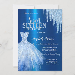 Blue Glitter Drips,Metallic Blue Dress  Invitation