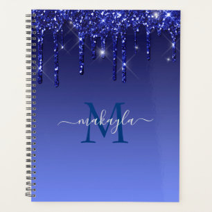 Blue Glitter Drips Monogram Name Planner