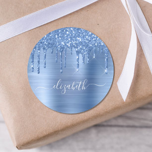 Blue Glitter Drips Personalised Classic Round Sticker