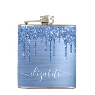 Blue Glitter Drips Personalised Hip Flask