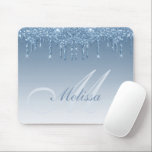 blue glitter drips personalised mouse mat<br><div class="desc">personalised name script monogrammed design on blue faux glitter background</div>