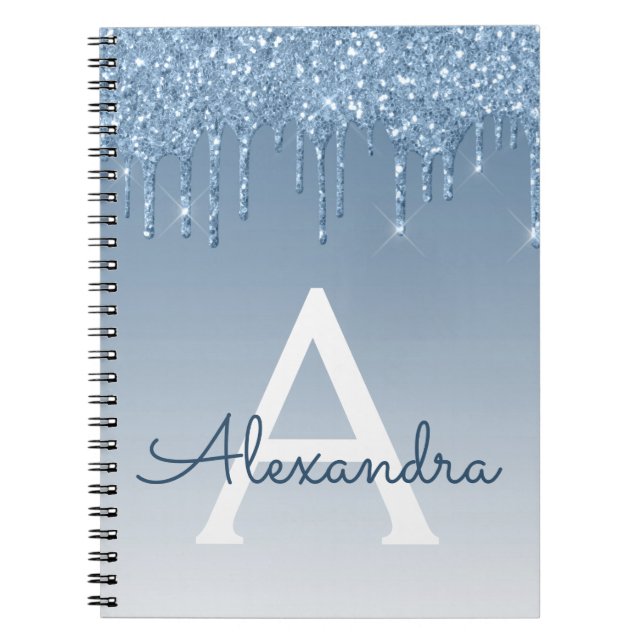 Blue Glitter Drips Sparkle Monogram Notebook (Front)