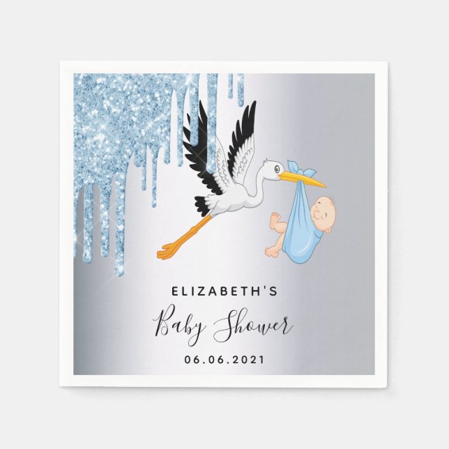 Blue glitter drips stork boy baby shower napkin (Front)