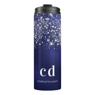 Blue glitter dust silver monogram name script thermal tumbler