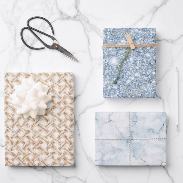 Blue Glitter Egg Shell Basket Weave Birthday Wrapping Paper Sheet (Front)