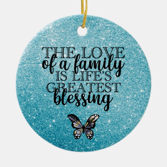 Blue Glitter Family Quote Ceramic Tree Decoration (Front)