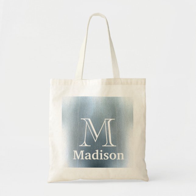 Blue glitter faux personalised monogram tote bag (Front)
