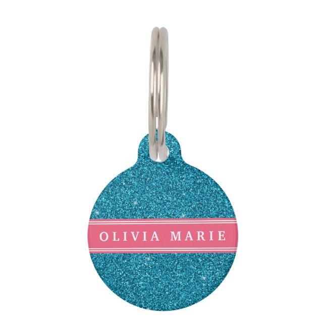 Blue Glitter (faux) Pink Personalised Name Pet Tag (Front)