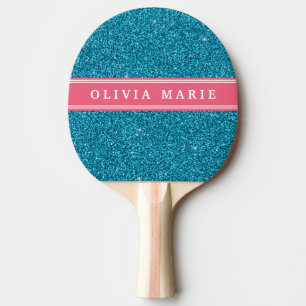 Blue Glitter (faux) Pink Personalised Name Ping Pong Paddle