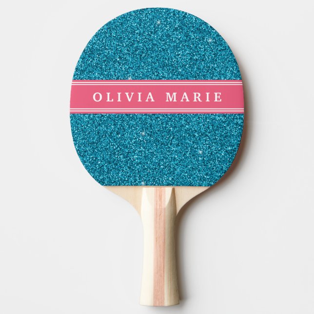 Blue Glitter (faux) Pink Personalised Name Ping Pong Paddle (Front)