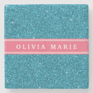 Blue Glitter (faux) Pink Personalised Name Stone Coaster