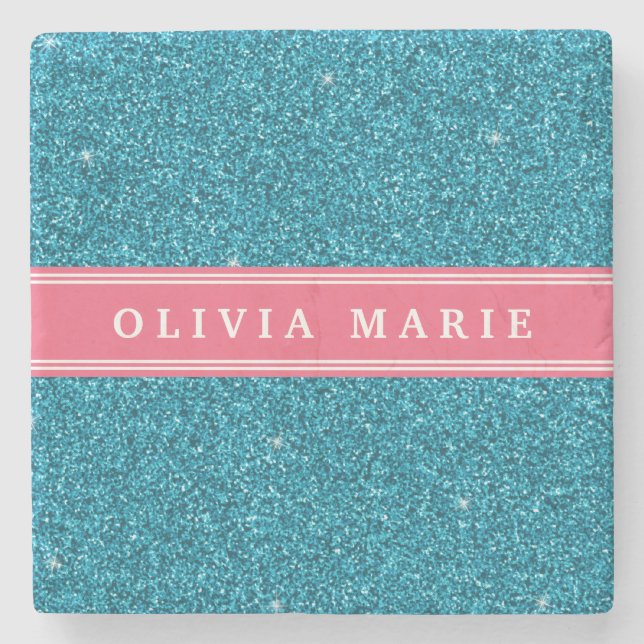 Blue Glitter (faux) Pink Personalised Name Stone Coaster (Front)