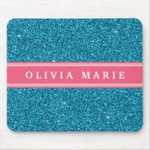 Blue Glitter (faux) Pink Personalized Name Mouse Mat