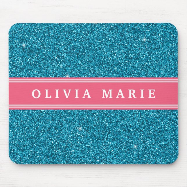 Blue Glitter (faux) Pink Personalized Name Mouse Mat (Front)