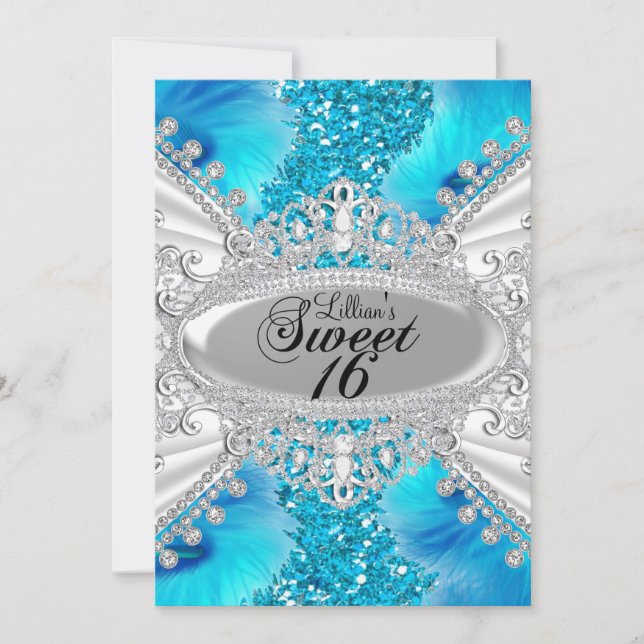 Blue Glitter & Feather Sweet 16 Invite (Front)