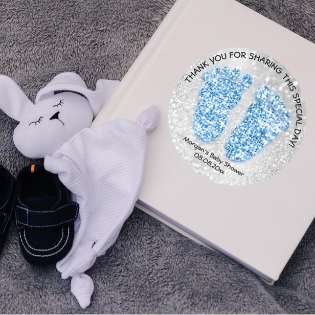 Blue Glitter Feet Baby Shower Favour Thank Girl Bo Classic Round Sticker (Blue Glitter Feet Baby Shower Favor Thank Girl Boy Classic Round Sticker)