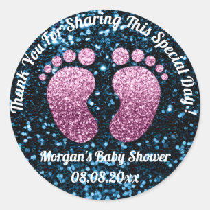 Blue Glitter Feet Baby Shower Favour Thank You Classic Round Sticker