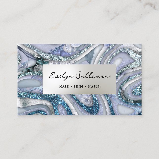 Blue Glitter Fluid Marble Business Card (Front)