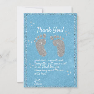 Blue Glitter Footprint Baby Boy Thank You Card