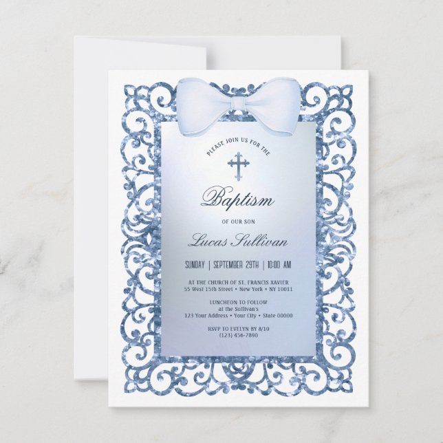 Blue Glitter Frame Bow Baptism Invitation (Front)