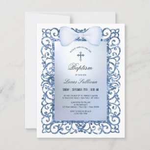 Blue Glitter Frame Bow Baptism Invitation